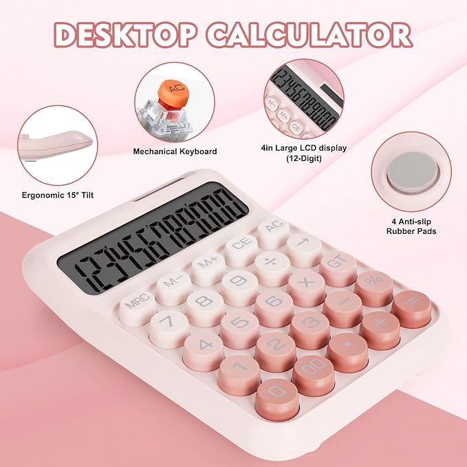 Mechanical Switch Calculator with Big Buttons, Calculators Desktop | 12 Digits, Solar Battery Power, Desk Calculator, Large LCD Display, Cute Pink Calculators for Teachers Students Basic Office
