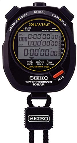 SEIKO SVAS009 Professional Waterproof Stopwatch for Swimming Training, 300 Lap Memory, 10‑Bar Water Resistance, Triple‑Line Display, 1/100‑Second Timing